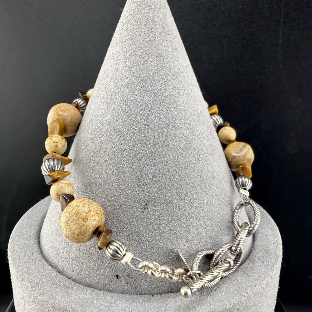 Vintage Carolyn Pollack Relios Bracelet Silver Tone Polished Stone Signed 7.5"‎